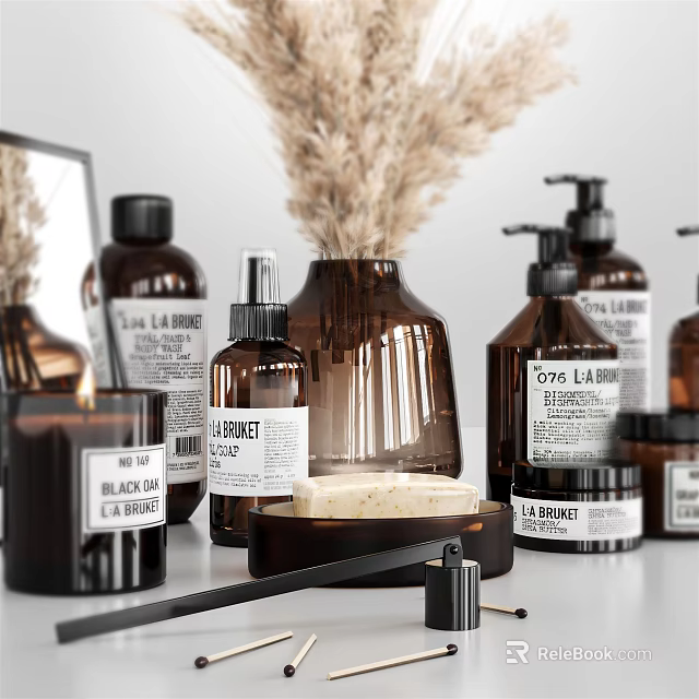 Stylish Modern Bathroom Accessories With Brown Bottles Soap Bar Candle And Decorative Elements 3d model 