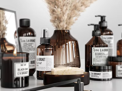 Stylish Modern Bathroom Accessories With Brown Bottles Soap Bar Candle And Decorative Elements 3d model