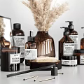 Stylish Modern Bathroom Accessories With Brown Bottles Soap Bar Candle And Decorative Elements