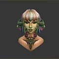 Mythical Character Head Sculpture With Black Ram Horns Blonde Hair Red Lips And Intricate Necklace