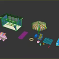 Outdoor Furniture Collection With Blue Cabana Colorful Umbrella Surfboard And Mat