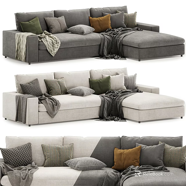 Large Cozy Gray and Beige Sectional Sofa with Throw Pillows and Blankets 3d model