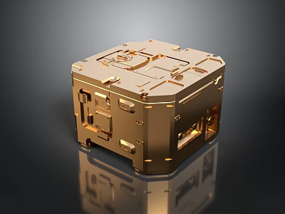Golden Electronic Device Cube Structure With Detailed Metallic Casing And Internal Components 3d model