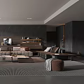 Modern Living Room Interior Design With Grey Sofa Brown Armchairs Stone Wall And Striped Rug