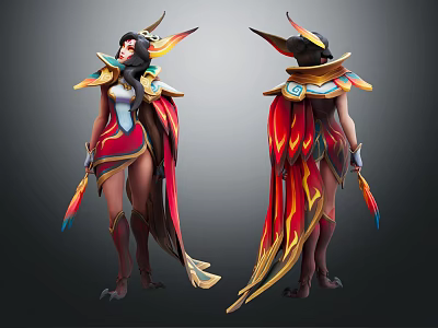 Female Warrior Character With Phoenix Inspired Colorful Feather Costume And Mythical Creature Design 3d model