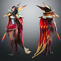 Female Warrior Character With Phoenix Inspired Colorful Feather Costume And Mythical Creature Design