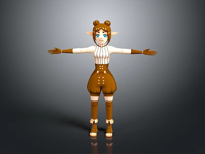 Fantasy 3D Character With Animal Ears Striped Top Brown Shorts Arms Outstretched 3d model