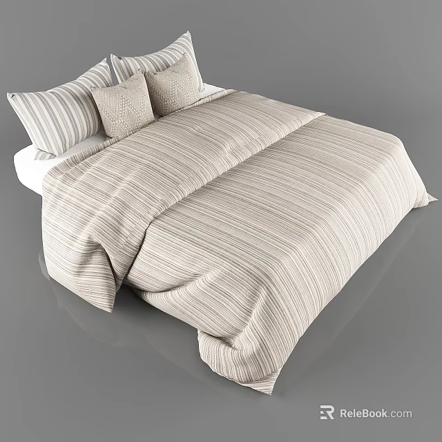 Cozy Modern Double Bed With Soft Striped Bedding And Matching Decorative Pillows 3d model 