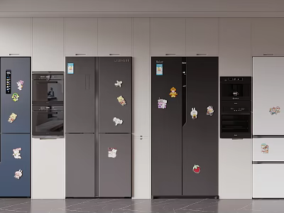 Modern Kitchen Refrigerators With Colorful Stickers On Doors And Various Styles 3d model