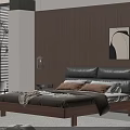 Double Bed in Modern Bedroom with Black Leather Headboard Wooden Frame and Brown White Pillows