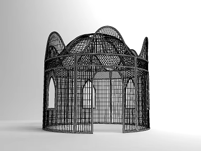 Black Metal Gazebo With Intricate Lattice Design And Arched Windows Dome Structure 3d model