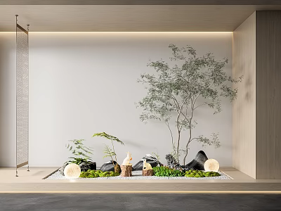 Elegant Modern Indoor Landscape With Tree Stones Green Plants Lanterns And Screen 3d model