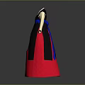 Traditional Korean Hanbok Costume With Red Skirt Black Sashes Blue Trim And Beige Sleeves