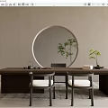 Wooden Tea Table With Comfortable Chairs White Cushions Round Mirror And Green Plants
