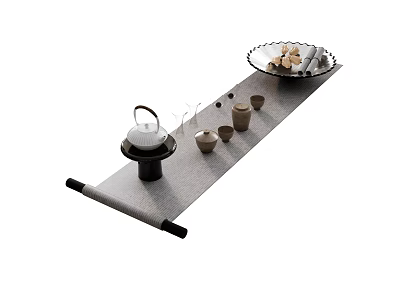 Traditional Tea Set With Teapot Teacups And Tray Arranged On Mat 3d model