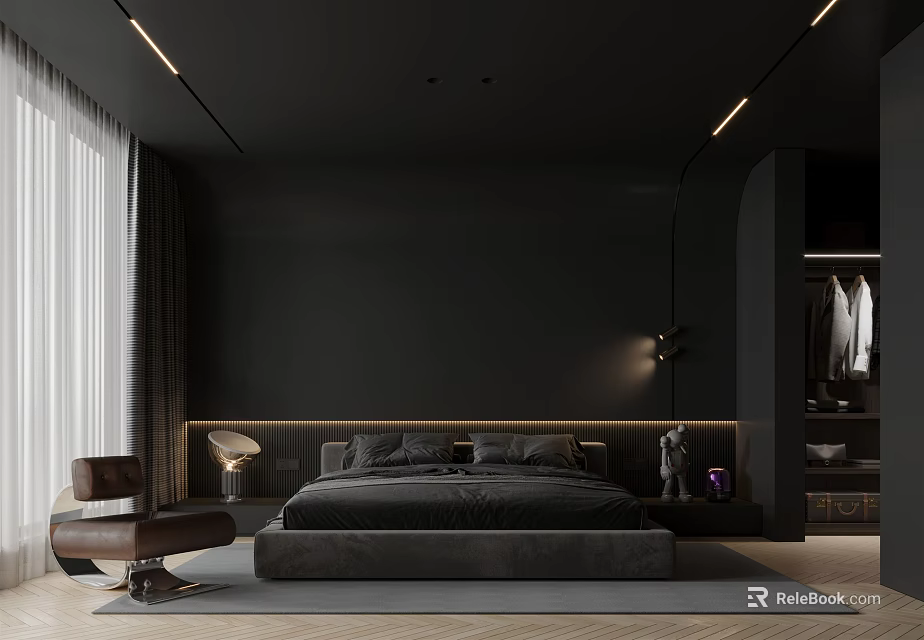 Modern Dark Bedroom Interior With Platform Bed Linear Lighting And Accent Chair 3d model 