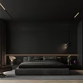 Modern Dark Bedroom Interior With Platform Bed Linear Lighting And Accent Chair 3d model