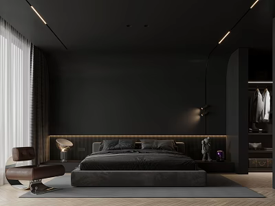 Modern Dark Bedroom Interior With Platform Bed Linear Lighting And Accent Chair 3d model