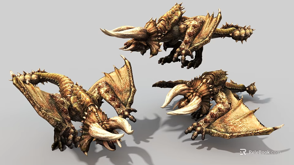 Game and Movie Dragon Characters with Golden Scales Large Horns and Wings in Multiple Views 3d model 