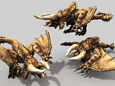 Game and Movie Dragon Characters with Golden Scales Large Horns and Wings in Multiple Views 3d model