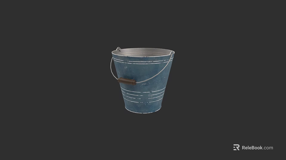 Blue Metal Kitchen Bucket With Wooden Handle And Rustic Design For Home Use 3d model 