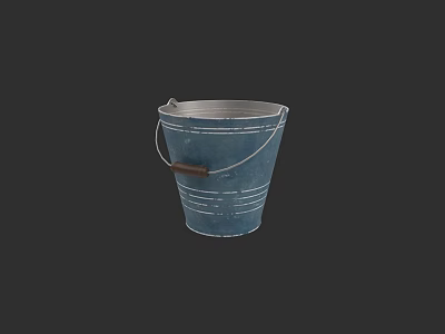 Blue Metal Kitchen Bucket With Wooden Handle And Rustic Design For Home Use 3d model