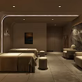 Modern SPA Sauna Interior With Stone Wall Massage Beds Cozy Sofa And Warm Lighting
