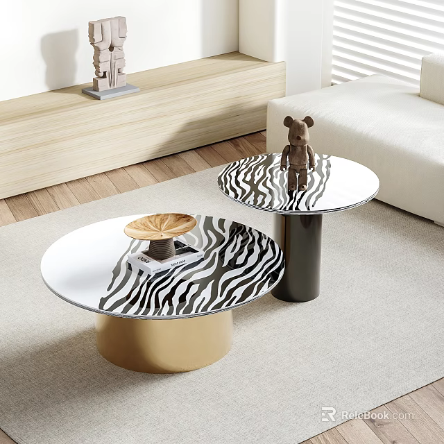 Modern Coffee Tables Featuring Zebra Pattern Tops Gold Black Bases And Teddy Bear 3d model