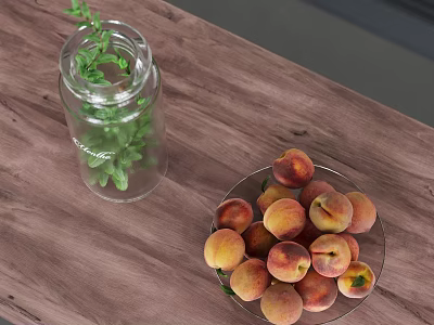 Clear Glass Bottle With Green Plant And Plate Of Peaches On Wooden Tabletop 3d model