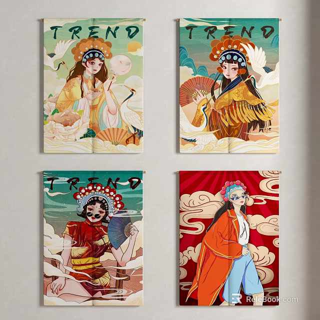 Chinese Style Curtains Featuring Traditional Peking Opera Characters And Crane Patterns 3d model