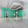 People Practicing Pole Dance Fitness In Indoor Studio With Poles Green Walls Wooden Floors