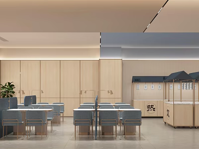 Modern Hotel Restaurant Interior With Wooden Walls Tables Chairs And Green Plant 3d model