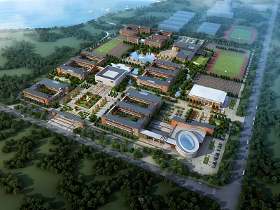Aerial View of Modern School Buildings With Green Campus And Sports Fields 3d model