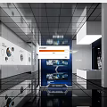 Modern Exhibition Hall Interior With Digital Screens Infographics And Reflective Floors