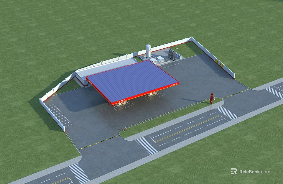 Gas Station With Blue Roof Red Edges Fenced Area Fuel Pumps And Green Grass 3d model 