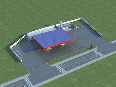 Gas Station With Blue Roof Red Edges Fenced Area Fuel Pumps And Green Grass 3d model