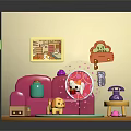 Cute Indoor Scene With Pink Sofa Green Rug Yellow Puppy Toy And Wall Decor