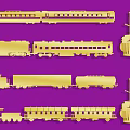 Gold Train Pattern Wall Decor with Various Locomotive Designs on Purple Background 3d model