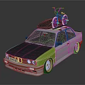 Gray And Green Sedan With Bicycle On Roof And Stylish Blue Wheels