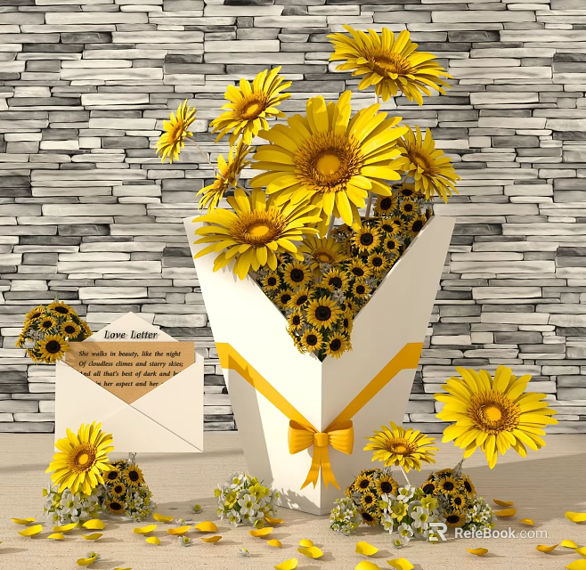 Commercial Floral Business Equipment With Yellow Sunflowers White Box Ribbon And Stone Wall 3d model 