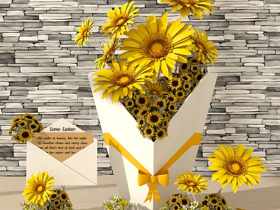 Commercial Floral Business Equipment With Yellow Sunflowers White Box Ribbon And Stone Wall 3d model