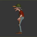 Man Wearing Green Cap with Yellow Badge Red Shirt Brown Apron Blue Pants Arms Outstretched