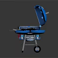 Blue Portable Outdoor Grill With Open Lid Wheels Stand And Metal Grate