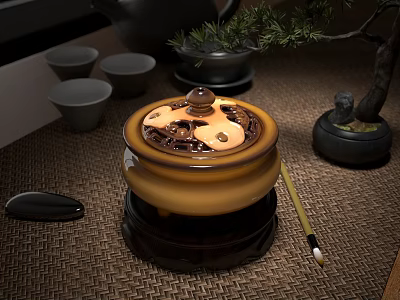 Decorative Ceramic Vessel With Lid And Teacups On Woven Mat With Small Pine Plant 3d model