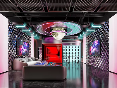Modern KTV Lounge Interior With Neon Lights Circular Chandelier Sofa TV Screens And Black Floor 3d model