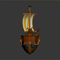 Orange Wooden Small Boat Model With Yellow Striped Sail And Cabin