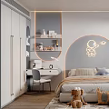 Kids Bedroom Interior With Bed Stuffed Toys Desk Shelf And Wall Decor