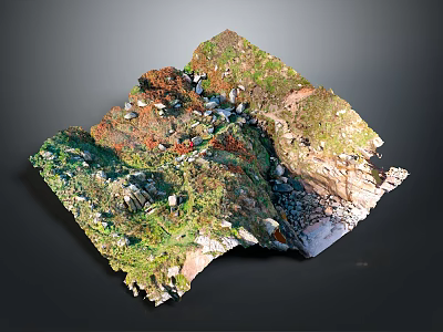 Detailed 3D Mountainous Terrain Model With Lush Vegetation And Small Buildings 3d model
