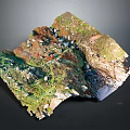 Detailed 3D Mountainous Terrain Model With Lush Vegetation And Small Buildings