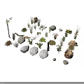 Various Wood and Stone Decorative Items With Small Plants and Natural Logs